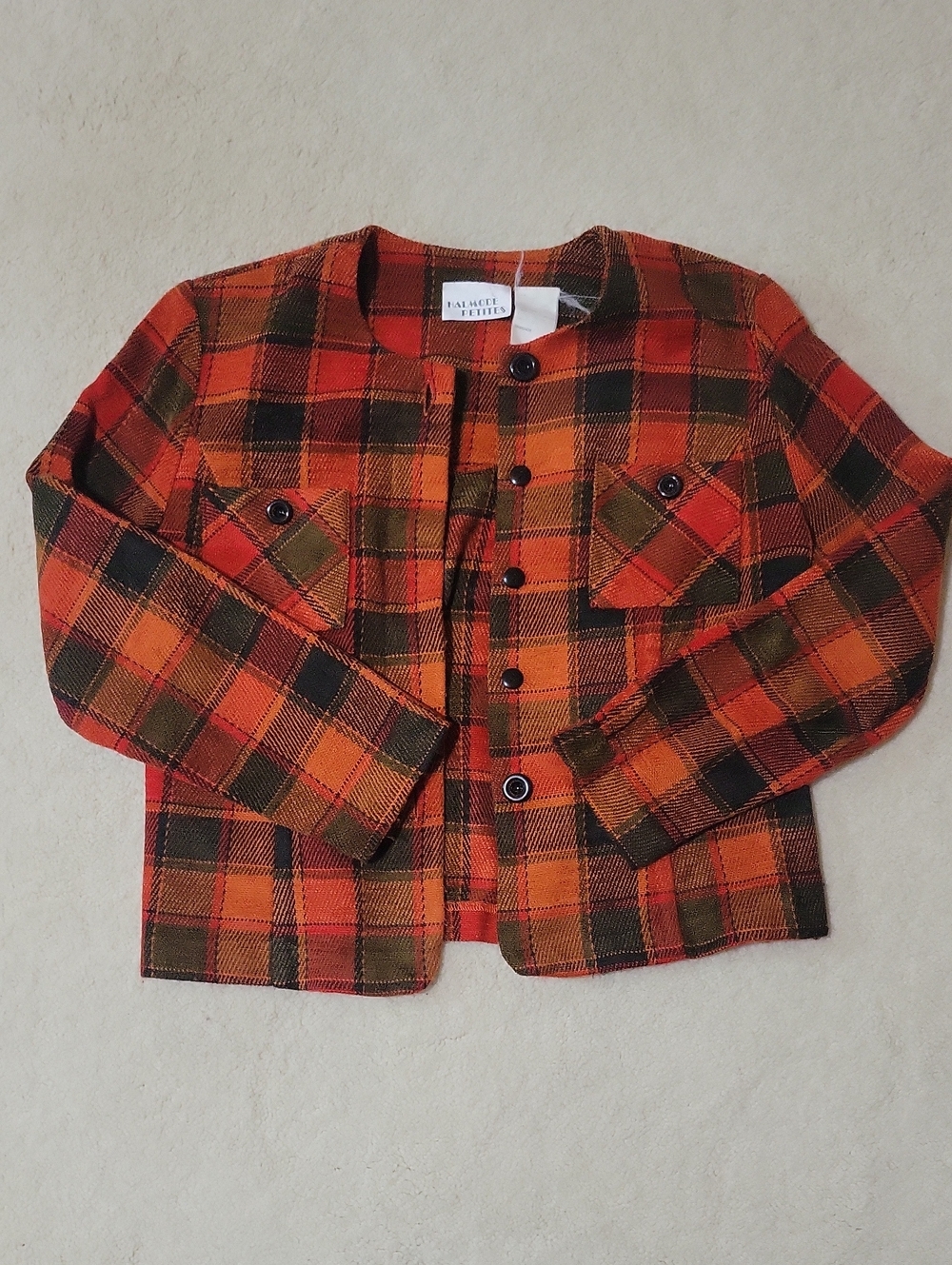 Halmode Petites Orange Plaid Wool Blend Collarless Jacket Vintage